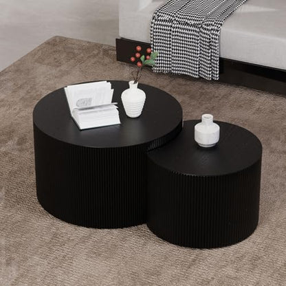 26 inch Round Black Fluted Nesting Coffee Table Set of 2, A Large | Spray Painting Finish, For Living Room, Nested Crescent Side Table, Nestable Design, Mid-Century Modern, For Small Spaces - color: A Large