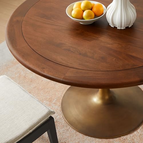 Modway Lippa 48 Inch Round Wood Dining Table with Metal Pedestal in Brass Walnut - Modern Industrial Dining Table for 4 People - Solid Wood Tulip Kitchen Table - color: Brass Walnut, size: 48" Round