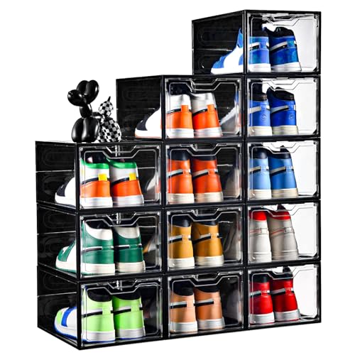 Stebopum 12 Pack Stackable Shoe Storage Organizer with Magnetic Door, Shoe Boxes Clear Black Plastic for Closet, Shoe Rack for Sneaker Boot Container, Shoe Cabinet Fit up to US Size 12 - color: Clear and Black, size: 12 Count Fit Size 12