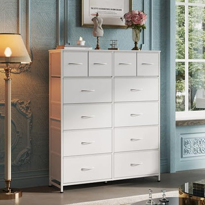 WLIVE 12 Drawer Tall White Fabric Dresser Bedroom Storage Chest | White tall 12-drawer fabric dresser with wood top, perfect baby dresser for nursery kids room toddler closet storage - color: White