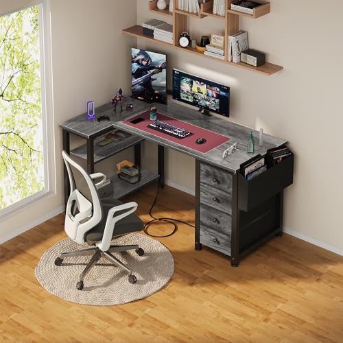 Lufeiya L Shaped Computer Desk with Drawers & Storage Shelves, 47 Inch Small Corner Desk with Power Outlet for Home Office Bedroom, L-Shaped Gaming PC Desks with Fabric Drawer, Gray - color: Grey, size: 47.2"