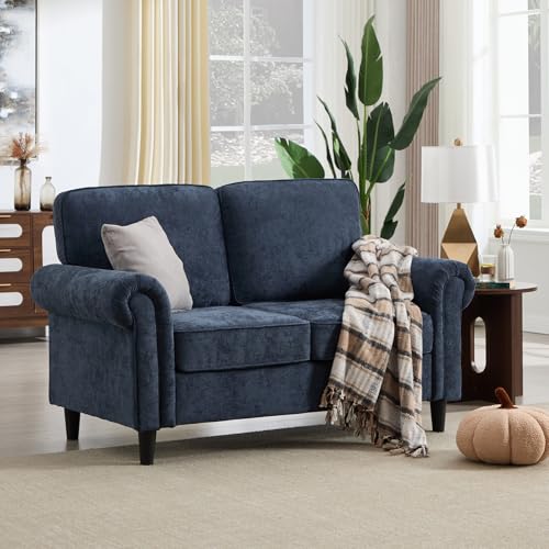 Loveseat 2 Seater Couch, Mid Century Modern Chenille Sofa with Rolled Arms and Deep Seats, Fluffy Comfort for Living Room, Apartment, Easy Assembly, Blue - color: Blue, size: Chenille Loveseat