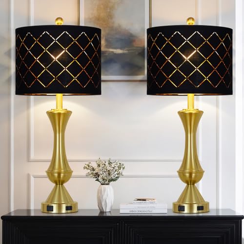 29" Gold Modern Table Lamps Set of 2, 3-Way Dimmable Touch Lamps for Nightstand with USB A+C & Outlets,Brass Lamps for Living Room, Bedroom, Nightstand, Entryway(2 Bulbs Included) - color: Gold-Black Lamp Shade-2Pack
