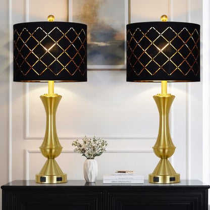 29" Gold Modern Table Lamps Set of 2, 3-Way Dimmable Touch Lamps for Nightstand with USB A+C & Outlets,Brass Lamps for Living Room, Bedroom, Nightstand, Entryway(2 Bulbs Included) - color: Gold-Black Lamp Shade-2Pack