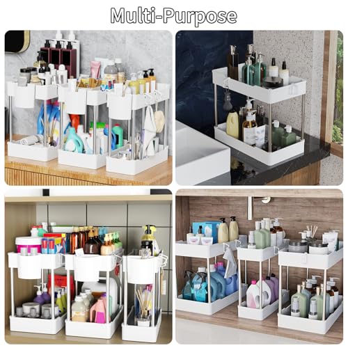 3 Pack Under Sink Organizer Bathroom and Storage Cabinet (White) | 2 Tier with Hanging Cups for Kitchen - color: White