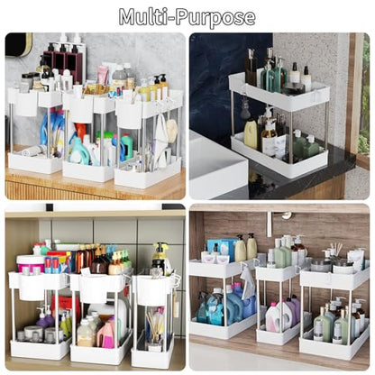 3 Pack Under Sink Organizer Bathroom and Storage Cabinet (White) | 2 Tier with Hanging Cups for Kitchen - color: White