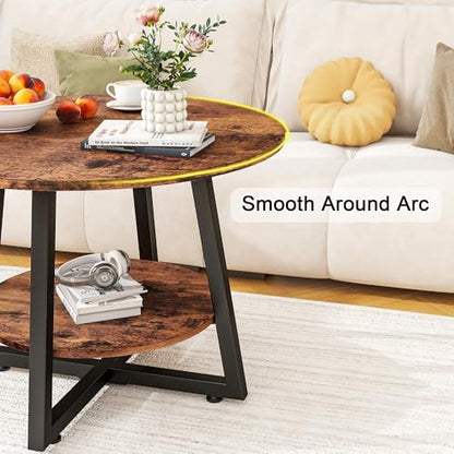 Round Coffee Table with Storage,Metal Small Coffee Table,Brown | 2-Tier Circle Small Coffee Table for Living Room, Metal Frame/Wood Look,Modern Sofa Table Center for Home Office - color: Brown