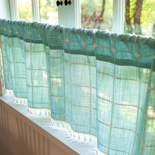 Deeprove Aqua Boho Curtain Valance 18 Inches Length Teal Bohemian Lattice Gingham Textured Embroidery Plaids, Vintage Chic Tassels Casual Easter Decor Drapes Rod Pocket, 1 Panel W52 x L18 - color: Aqua, size: 52"W x 18"L (Pack of 1)