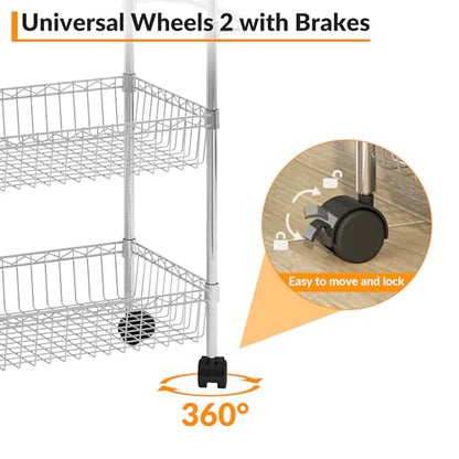 Chrome 3 Tier Rolling Storage Cart, Metal Wire Kitchen Cart with Baskets & Handle, Utility Trolley on Wheels for Kitchen, Bathroom, Laundry, Pantry & Office - color: Sliver