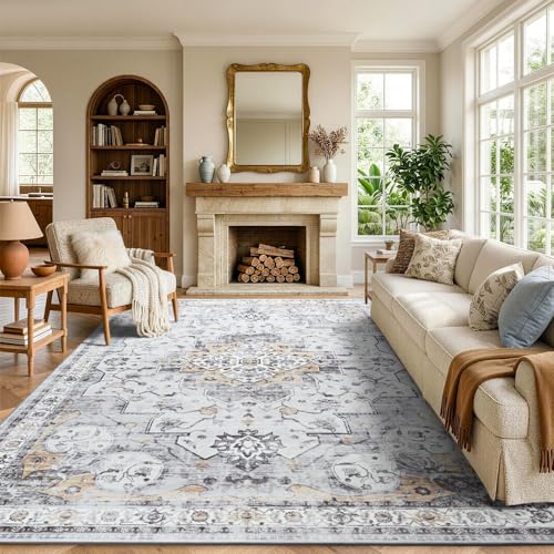 8x10 Area Rugs for Living Room Bedroom Vintage Washable Rug Yellow and Grey | Soft Low-Pile Stain Resistant Large Indoor Carpet With Non Slip Backing for Dining Room Nursery,Thin,Foldable,Home Decor - color: 25f01-yellow Grey, size: 8' x 10' (Rectangular)