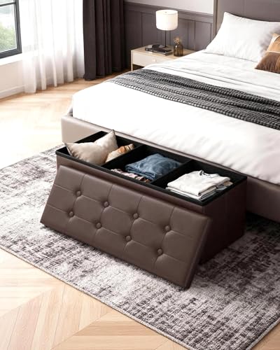 LITZFUR 43" Storage Ottoman Bench, Folding Faux Leather Chest, Brown | Stroage Box with 2 Dividers, Foot Rest Stool, Padded Seat for Bedroom, Entryway, Living Room
