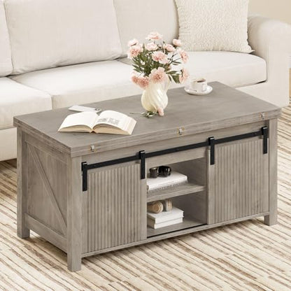 Lift Top Coffee Table, 4 in 1 Convertible Coffee Table, Farmhouse Coffee Tables, with Hidden Compartments, with Sliding Doors, for Living Room, Apartment, Greige MKF01FH - color: Greige