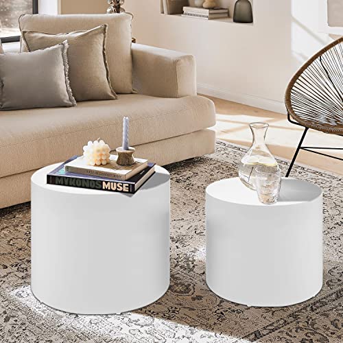 JUSTONE Set of 2 Nesting Coffee Table,Modern Round Wood Accent Side End Table for Living Room Bedroom and Entryway, Apartment,Nesting Tables for Small Spaces No Assembling (Matte White) - color: Round-white-14.9"h