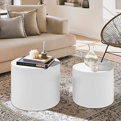 JUSTONE Set of 2 Nesting Coffee Table,Modern Round Wood Accent Side End Table for Living Room Bedroom and Entryway, Apartment,Nesting Tables for Small Spaces No Assembling (Matte White) - color: Round-white-14.9"h