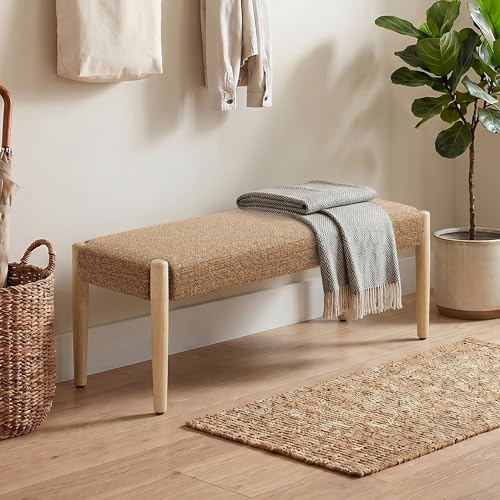 Usaint 42" End of Bed Bench with Wood Legs, Orange with Oak Leg | Modern Upholstered Bedroom Bench with Rubberwood Legs, Entryway Bench with Cushion, Dining Bench for Living Room, Bedroom - color: Orange With Oak Leg