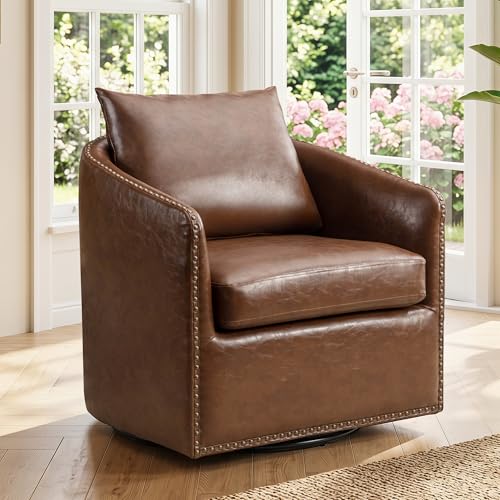 HAOMARKETS 360 Degree Swivel Barrel Chair with Plump Back Pillow, Waterproof Oil Waxed PU Leather Swivel Armchair with Rivets, Comfy Vintage Round Accent Chair for Living Room - color: Cognac Brown
