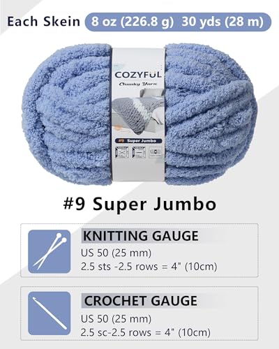 Cozyful Chunky Yarn for Hand Knitting, #9 Thick Jumbo Big Chunky Yarn for Crocheting, Super Chunky Knit Blanket Yarns, Large Chunky Chenille Yarns, 8 Pack (30 yds 8 oz Each Skein), Blue Gray - color: Blue Gray