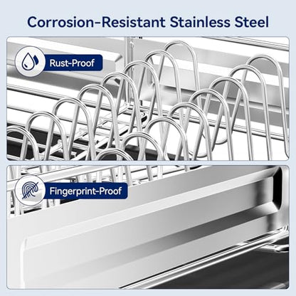 Stainless Steel Dish Drying Rack - Expandable Dish Racks for Kitchen Counter Organizer with Drain Board, Detachable Utensil & Cup Holder, Dish Drainer for Small Kitchen Counter, Black - color: Black