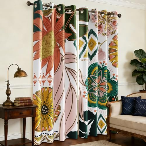 Tyrot Boho Floral 100% Blackout Curtains for Living Room 96 inch Long 2 Panels Mid Century Botanical Black Out Curtains for Bedroom Grommet Thermal Insulated Room Darkening Window Drapes,52Wx96L | Botanical, Thermal Insulated, Heat Blocking, Light Blockin