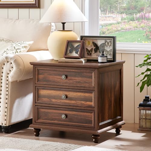 Joaxswe 24" Wide Farmhouse Night Stand,Large End Table with 3 Drawers & Metal Handle,Wood Dresser for Bedroom Cabinet, Bed Side Table Chest of Drawers,Brown Nightstand for Living Room,Close - color: Brown, size: 24"W (3 Drawers)