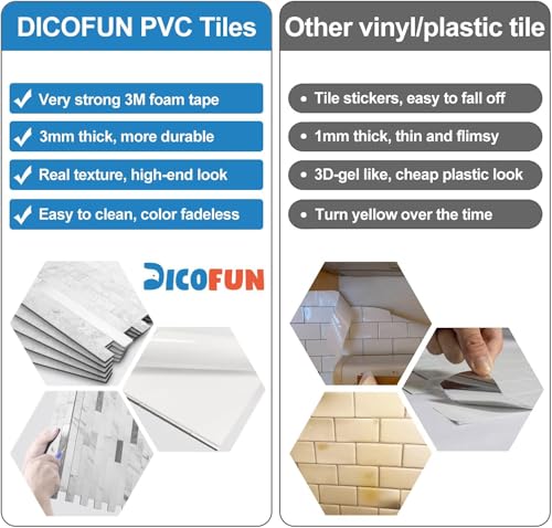 DICOFUN 10 Sheets Marble Look Peel and Stick Backsplash Wall Tile, PVC Kitchen Backsplash Peel and Stick in White, 9.4 sq.ft - color: White Stone and Metal Silver, size: 10 Sheets, 12’’x12’’x0.12’’