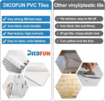 DICOFUN 10 Sheets Marble Look Peel and Stick Backsplash Wall Tile, PVC Kitchen Backsplash Peel and Stick in White, 9.4 sq.ft - color: White Stone and Metal Silver, size: 10 Sheets, 12’’x12’’x0.12’’