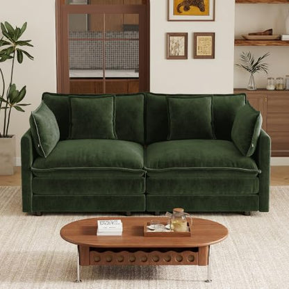 70.8 Inch Modular Sectional Cloud Sofa, 2-Seat Chenille Green | Chenille Deep Seat Sofa with Pillow for Living Room, Bedroom and Apartment - color: Green, size: 70.8Inch
