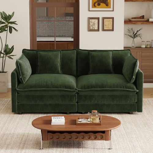 70.8 Inch Modular Sectional Cloud Sofa, 2-Seat Chenille Green | Chenille Deep Seat Sofa with Pillow for Living Room, Bedroom and Apartment - color: Green, size: 70.8Inch