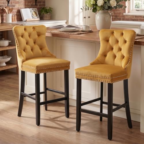 Modern Velvet Upholstered Bar Stools Set of 2 with Wood Legs, Button Tufted,Chrome Nailhead, Counterstool Seat, Armless Bar Chairs (Gold) - color: Gold, size: Set of 2