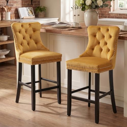 Modern Velvet Upholstered Bar Stools Set of 2 with Wood Legs, Button Tufted,Chrome Nailhead, Counterstool Seat, Armless Bar Chairs (Gold) - color: Gold, size: Set of 2