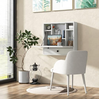 Tangkula Folding Wall Table - Floating Desk with Storage Drawer & Shelves (White) - color: White