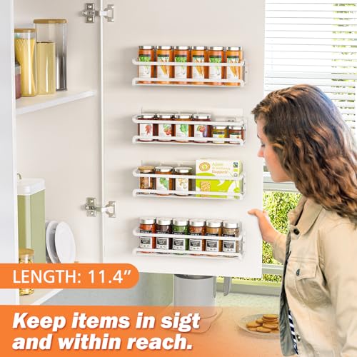 Bunoxea Spice Rack Wall Mounted 4 Pack, White,11.41x2.75x2.75in | 4 Removalble Hooks,Screw or Adhesive Hanging,Space-Saving,For Kitchen Cabinet, Pantry Door,Stove,RV - color: White, size: 4Pack