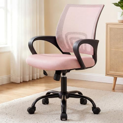 DUMOS Ergonomic Home Office Chair, Executive Mesh Desk Chair | Height Adjustable, Lumbar Support, Breathable Backrest, Fixed Armrest, Rolling Wheels, Computer Gaming, Meeting, New Pink - color: New Pink
