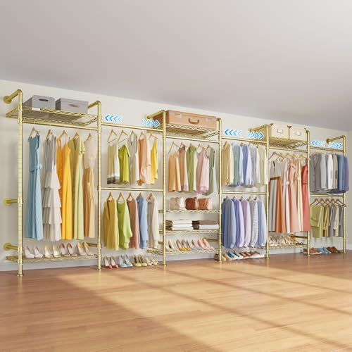 F6 Wall Mounted Clothes Rack - Expandable Industrial Pipe Closet System, Heavy Duty Hanging Garment Rack, Closet Organizer & Storage Solution for Wardrobe, Bedroom,Walk-in Closets,Gold - color: Gold