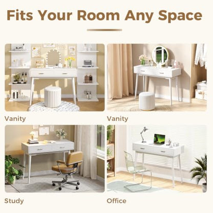 FUNKOCO White Small Vanity Desk with Drawers, 40 Inch Simple Writing Desk | Vanity Desk No Mirror with 4 Solid Legs, Modern Computer Desk for Small Spaces, Home Office, Study - color: Cream White