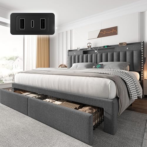 CypBed King Size Bed Frame with 4 Storage Drawers and Headboard & Dark Grey | Upholstered Platform King Bed Frame , 3 USB & Type-C Charging Ports, Solid Wood Slats, No Box Spring Needed, No-Noise - color: Grey, size: King