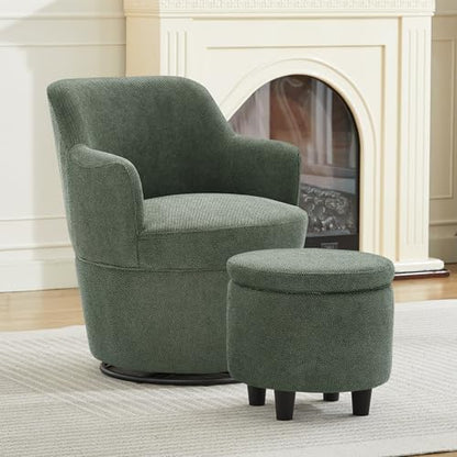 LOULENS Swivel Accent Chair with Storage Ottoman, Linen,Green | Small, Barrel, Reading Chair, Vanity Chair, Comfy Single Sofa, Armchair, For Living Room, Bedroom - color: Green