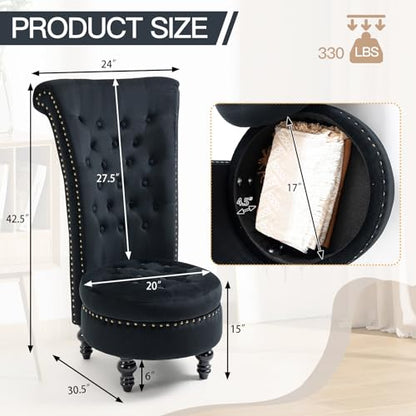 AVAWING High Back Velvet Tufted Throne Chairs with Storage Set of 2, Black | Tufted Nailhead Design; Hidden Storage; Soft Velvet; Sturdy Wood Legs 330Lbs; High Density Foam; Ergonomic Back - color: Black