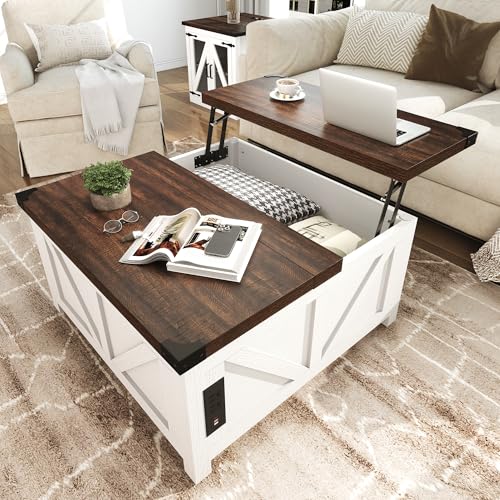 jimeimen Farmhouse Lift Top Coffee Table with Storage, Wood Square Center Table with Charging Station&USB Port, Living Room Table w/Large Hidden Space, for Living Room, Bedroom, Home Office, White - color: White