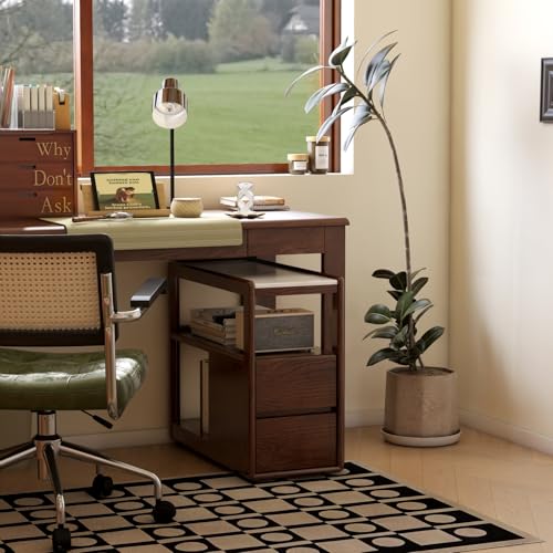 Solid Wood End Table with Storage Drawers, Narrow Side Table for Couch | 2 drawers, hidden wheels and slim design make this narrow side table perfect for couches, bedrooms and small spaces. - color: Walnut