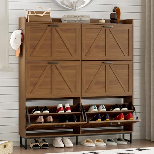 BORNOON Shoe Cabinet with 6 Flip Drawers Narrow Shoe Storage Cabinet Organizer Wooden Freestanding Shoe Rack Hidden Slim Shoes Storage Cabinet for Entryway, Hallway, Living Room, Bedroom - color: Walnut, size: 6-Drawer