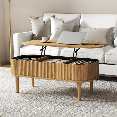 Fluted Lift Top Coffee Table with Hidden Storage, Oval Coffee Table with Lifting Top, Mid Century Modern Design for Living Room, Office & Small Spaces, Natural - color: Natural