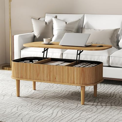 Fluted Lift Top Coffee Table with Hidden Storage, Oval Coffee Table with Lifting Top, Mid Century Modern Design for Living Room, Office & Small Spaces, Natural - color: Natural