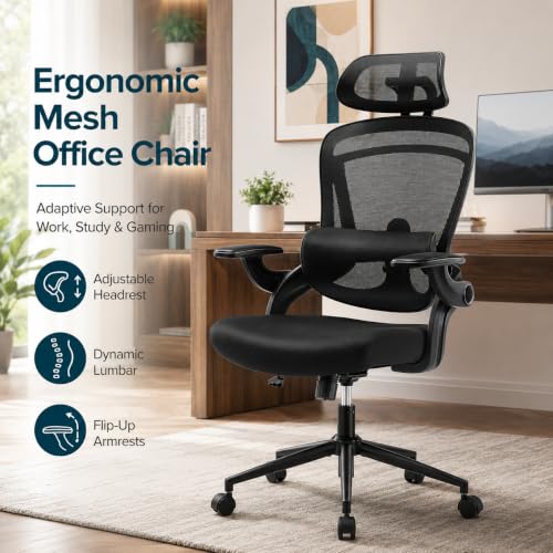 Ergonomic Office Chair, Home Office Desk Chairs with Adjustable Lumbar Support and Headrest, High Back Mesh Computer Desk Chair with 3D Flip-up Armrests & 360° Swivel Wheels, 275 LBS - color: Black With Lumbar Support