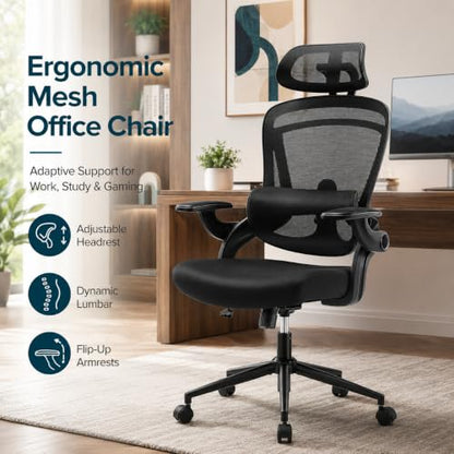 Ergonomic Office Chair, Home Office Desk Chairs with Adjustable Lumbar Support and Headrest, High Back Mesh Computer Desk Chair with 3D Flip-up Armrests & 360° Swivel Wheels, 275 LBS - color: Black With Lumbar Support