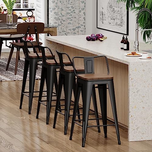 Yongchuang Metal Bar Stools Set of 4, 30" Black Bar Height Stools with Back | Industrial Kitchen Barstools for Kitchen Island Dining Room, Low Back Bar Chairs with Wood Seat, 330LBS Weight Capacity - color: Black, size: 30" Set of 4
