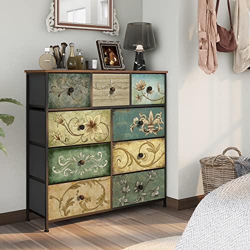 Dresser with Drawers for Bedroom Chest of Drawers Fabric Dresser for Closet,Nursery Entryway Hall Tree TV Stand for Living Room Retro Floral Pattern Drawers Wooden Top (9 Drawers) - size: 11.8"D x 39"W x 39.4"H (9 Drawers)