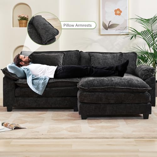 86" Modular Sectional Sofa, Comfy Deep Cloud Couch with Ottoman | L-Shaped Couches for Living Room, Modular Couch, Deep and Wide Seat, Chenille Sofa Sleeper with Throw Pillows, Black - color: Black, size: 86 Inch L