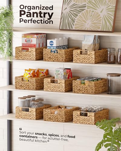 Bluewest Water Hyacinth Storage Baskets, Set of 6, Woven Bins with Handles | Organizer and Laundry Basket with Carrying Handles, Designed as a Rattan Bin for Shelves, Closets and Household Essentials. - color: Natural