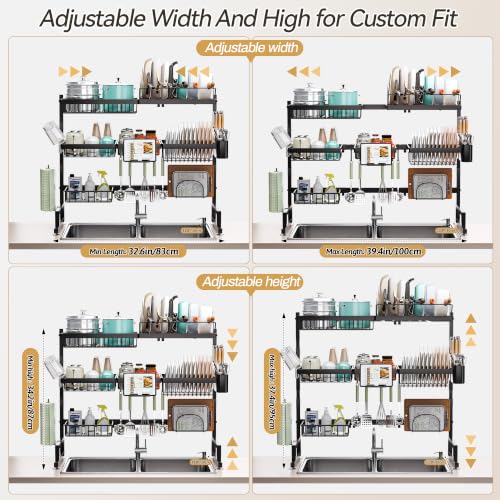 ADBIU Over Sink Dish Drying Rack (Expandable Height/Length) Snap-On Design Large Dish Drainer Storage Counter Organizer 32-40L x 12W x 34-38H (inches) - color: Black, size: 32-40L x 12W x 34-38H (inches)